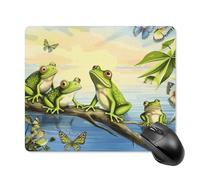 Tappetino per mouse quadrato con molte rane che cantano sui rami con farfalle estive sul lago dell'acqua, tappetino per mouse portatile con base in gomma antiscivolo, 18 x 22 cm, tappetino per mouse