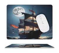 Tappetino per mouse quadrato in pelle con barca a vela pirata con luna piena, tappetino per mouse da gioco impermeabile con base in gomma antiscivolo, piccolo tappetino per mouse portatile per