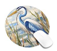 Tappetino per mouse quadrato, motivo airone blu, colorato con uccellini blu, bordo cucito, in gomma, antiscivolo, lavabile, per casa e ufficio, gioco e lavoro, rotondo, 20,3 x 20,3 cm