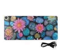 Tappetino per mouse riscaldato in pelle blu navy con ciottoli colorati e fiori 80 x 33 cm antiscivolo per scrivania per scrivania da ufficio per scrivere e studiare