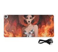 Tappetino per mouse riscaldato in pelle con motivo "Sexy Evil Beauty" con mare di fuoco, 80 x 33 cm, antiscivolo, per scrivania grande, per giocare e scrivere