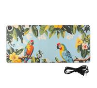 Tappetino per mouse riscaldato in pelle con piante tropicali, pappagalli e animali, 80 x 33 cm, tappetino antiscivolo per computer da tavolo per scrivere e lavorare