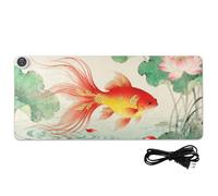 Tappetino per mouse riscaldato per computer, in pelle con stampa di pesce rosso e oro, 80 x 33 cm, antiscivolo, per ufficio, scrivania, gioco e scrittura