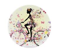Tappetino per mouse rotondo, 20 x 20 cm, con silhouette di ragazza che gira in bicicletta con fiori colorati e farfalle, tappetino per mouse per computer portatile, lavabile, protezione da scrivania
