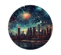Tappetino per mouse rotondo, 20 x 20 cm, motivo fuochi d'artificio notturni con città e mare, per videogiochi, lavabile, protezione da scrivania, con base in gomma antiscivolo
