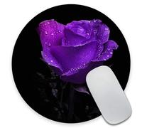 Tappetino per mouse rotondo Amcove con una splendida rosa viola e sfondo nero. Tappetino per mouse con rose, regalo per ufficio, regalo per donna