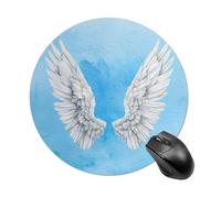 Tappetino per mouse rotondo con ali d'angelo bianche ad acquerello su sfondo blu pallido, tappetino per mouse per computer, impermeabile, con base in gomma antiscivolo, tappetino per mouse per laptop