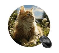 Tappetino per mouse rotondo con base in gomma antiscivolo, lavabile, impermeabile, tappetino per mouse da gioco, gatto seduto in campo verde, accessori da scrivania per computer, ufficio, 19 x 20 cm