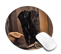Tappetino per mouse rotondo con base in gomma antiscivolo, motivo: cowboy, cappello nero, stivali occidentali, tappetino per mouse da gioco con bordo cucito, tappetino per mouse wireless per computer