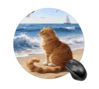 Tappetino per mouse rotondo con base in gomma antiscivolo | Tappetino per mouse impermeabile Wave Sound and Cat con superficie liscia bordo cucito, per casa e ufficio, 19 x 20 cm
