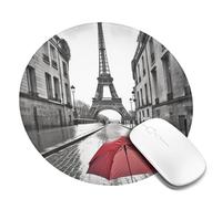 Tappetino per mouse rotondo con base in gomma antiscivolo, Torre Eiffel, Parigi, strada di Parigi, ombrello rosso, tappetino per mouse da gioco con bordo cucito, tappetino per mouse wireless per