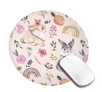 Tappetino per mouse rotondo con conigli e fiori arcobaleno, tappetino per mouse piccolo per accessori da scrivania, tappetino per mouse da gioco con bordo cucito, tappetino da scrivania in gomma ant