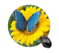 Tappetino per mouse rotondo con girasole e farfalla blu, piccolo, per mouse wireless, per videogiochi, lavoro, laptop, mini computer, decorazione per la casa, accessori da scrivania per ufficio, 19 x