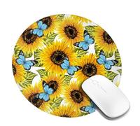 Tappetino per mouse rotondo con girasoli gialli e farfalle blu, piccolo tappetino per mouse per accessori da scrivania, tappetino per mouse da gioco con bordo cucito, tappetino per scrivania in gomm