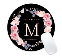 Tappetino per mouse rotondo con lettera M, fiori neri e rosa, piccolo tappetino per mouse divertente con base in gomma antiscivolo, tappetino per mouse, decorazione per casa e ufficio, tappetino per