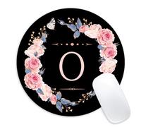 Tappetino per mouse rotondo con lettera O, fiori neri e rosa, piccolo tappetino per mouse con base in gomma antiscivolo, decorazione per casa e ufficio, accessori da scrivania, rotondo da 22,1 cm