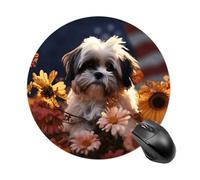 Tappetino per mouse rotondo con motivo Shih Tzu con cane e fiori, tappetino per mouse in gomma antiscivolo, accessori da scrivania per computer portatile, 19 x 20 cm, per ufficio e uso domestico