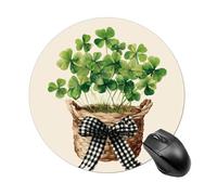 Tappetino per mouse rotondo con pianta di trifoglio verde in un cesto di vimini, tappetino per mouse rotondo per computer, tappetino per mouse impermeabile con base in gomma antiscivolo, tappetino per