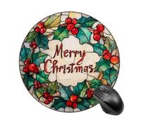 Tappetino per mouse rotondo con scritta "Merry Christmas" in vetro colorato, con agrifoglio e bacche, impermeabile, con base in gomma antiscivolo, tappetino per mouse per laptop e ufficio, 20 cm