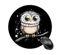 Tappetino per mouse rotondo con simpatico gufo in piedi su un ramo con base in gomma antiscivolo, impermeabile, per computer portatile e ufficio