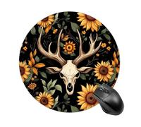 Tappetino per mouse rotondo con teschio di cervo, girasole, con base in gomma antiscivolo, impermeabile, per computer portatile e ufficio