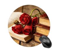 Tappetino per mouse rotondo in gomma antiscivolo con libri e rose, per ufficio, casa, gaming portatile, impermeabile, da viaggio, tappetino per mouse per computer, carino tappetino per mouse per donne