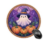 Tappetino per mouse rotondo in vetro colorato con simpatico fantasma in cappello da strega, zucche, tappetino per mouse rotondo per computer, impermeabile, con base in gomma antiscivolo, tappetino per