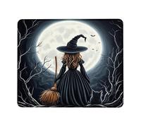 Tappetino per mouse rotondo, motivo strega misteriosa con gatto, nero e arancione, a tema Halloween, antiscivolo, per casa e ufficio, quadrato, 20 x 25 cm