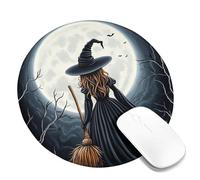 Tappetino per mouse rotondo, motivo strega misteriosa con gatto, nero e arancione, a tema Halloween, antiscivolo, per casa e ufficio, rotondo, 20,3 x 20,3 cm