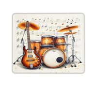Tappetino per mouse rotondo per strumenti musicali, motivo: chitarra e batteria arancione, bordi cuciti, gomma antiscivolo, lavabile, per computer portatile a casa e in ufficio
