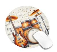 Tappetino per mouse rotondo per strumenti musicali, motivo: chitarra e batteria arancione, bordi cuciti, gomma antiscivolo, lavabile, per computer portatile a casa e in ufficio