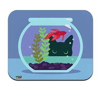 Tappetino per mouse sottile a basso profilo con gatto nero che fissa Betta Fish Bowl