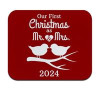 Tappetino per mouse sottile con scritta "Our First Christmas as Mr and Mrs 2024 sposati che si baciano uccelli", sfondo rosso, a basso profilo, sottile