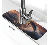 Tappetino per rubinetto con delfino che danza al tramonto, per lavello da cucina, assorbente, ad asciugatura rapida, tappetino paraspruzzi, tappetino drenante per lavello da cucina