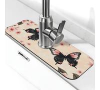 Tappetino per rubinetto con due farfalle rosa e fiori rosa per lavello da cucina, ventosa per rubinetto della cucina, vassoio raccogli gocce per bagno (38,1 x 14 cm)