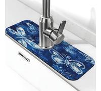 Tappetino per rubinetto con motivo a farfalla blu, con ventosa per rubinetto della cucina, tappetino antigoccia per bagno (38,1 x 14 cm)