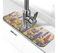 Tappetino per rubinetto con pittura a olio di fiori viola e gialli, tappetino paraspruzzi per rubinetto, ventosa per rubinetto della cucina, vassoio raccogli gocce per bagno (38,1 x 14 cm)