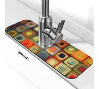 Tappetino per rubinetto con quadrati di arte astratta per lavello da cucina, paraspruzzi, 14 x 38 cm, diatomite, ad asciugatura rapida, vassoio per lavello super assorbente, rubinetto a ventosa per