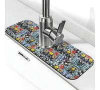 Tappetino per rubinetto con stampa floreale rossa e gialla per lavello da cucina, tappetino assorbente in diatomite, paraspruzzi per bagno e cucina (38,1 x 14 cm)