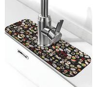 Tappetino per rubinetto giapponese con stampa nera di sushi e pietra per lavello della cucina, tappetino assorbente in diatomite, paraspruzzi per bagno e cucina (38,1 x 14 cm)