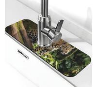Tappetino per rubinetto per lavello, 38,1 x 14 cm, in diatomite super assorbente, ad asciugatura rapida, in pietra, con ventosa, leopardo sul tronco d'albero, cascata, vassoio raccogli gocce per bagno