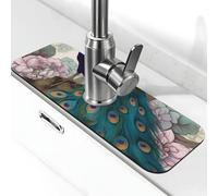 Tappetino per rubinetto per lavello, 38,1 x 14 cm, in diatomite super assorbente, ad asciugatura rapida, in pietra, con ventosa, per rubinetto floreale con pavone, tappetino per asciugare il bagno, il