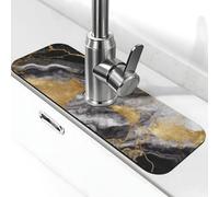 Tappetino per rubinetto per lavello, 38,1 x 14 cm, in diatomite super assorbente, ad asciugatura rapida, in pietra, con ventosa, in lamina di oro nero, bianco, oro, marmo, gocciolatoio, vassoio per