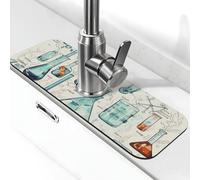Tappetino per rubinetto per lavello, 38,1 x 14 cm, in diatomite super assorbente, ad asciugatura rapida, con ventosa per rubinetto con stampa chimica, vassoio raccogli gocce per bagno e cucina