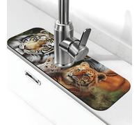 Tappetino per rubinetto per lavello, 38,1 x 14 cm, in diatomite super assorbente, ad asciugatura rapida, in pietra, con ventosa, leone, tigre, leopardo e farfalla, tappetino per asciugare il bagno