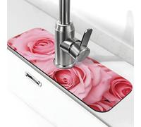 Tappetino per rubinetto per lavello, 38,1 x 14 cm, in diatomite super assorbente, ad asciugatura rapida, in pietra, con ventosa, rosa con rose fresche, vassoio raccogli gocce per bagno e cucina