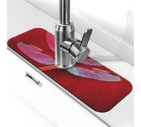 Tappetino per rubinetto per lavello, 38,1 x 14 cm, in diatomite super assorbente, ad asciugatura rapida, in pietra, con ventosa, libellula su sfondo rosso, tappetino antigoccia per bagno e cucina