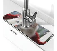 Tappetino per rubinetto per lavello, 38,1 x 14 cm, in diatomite super assorbente, ad asciugatura rapida, con ventosa per rubinetto a forma di gatto bianco, tappetino per asciugare il bagno e il