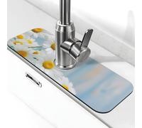 Tappetino per rubinetto per lavello, 38,1 x 14 cm, in diatomite super assorbente, ad asciugatura rapida, in pietra, con ventosa, elegante, primaverile, margherita, rubinetto, gocciolatoio, vassoio per