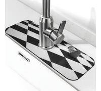 Tappetino per rubinetto per lavello 38,1 x 14 cm, in diatomite super assorbente, ad asciugatura rapida, in pietra, con ventosa, nero e bianco, scacchiera a scacchiera, vassoio raccogli gocce per bagno